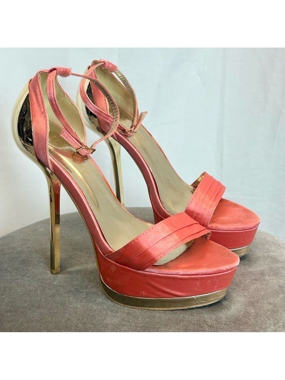 Liliana peach pink satin strappy gold tone metal high heel stiletto platforms